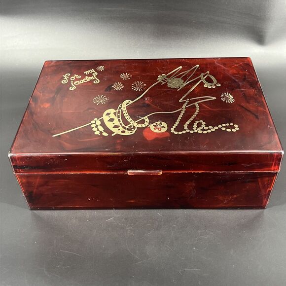 MCM Plastic Jewelry Box Brown Tortoiseshell Gold Graphic Imprint 9.75x6.5x3.75 - Picture 1 of 16